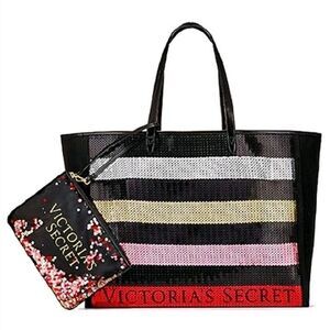 VICTORIA'S SECRET BLACK SEQUIN STRIPE WEEKENDER BAG GETAWAY CARRY ON LARGE TOTE